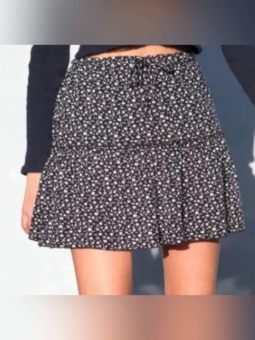 Brandy Melville Black Mini Skirt with White Floral Print